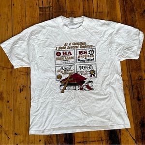 Vintage 90s Mens Large Distressed Christian Degrees Religious Spell Out T-Shirt